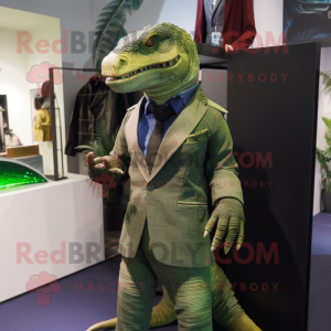 Olive Komodo Dragon mascot costume character dressed with a Suit Jacket and Brooches