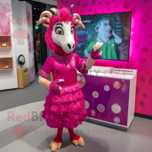 Magenta Goat mascot costume character dressed with a Skirt and Coin purses