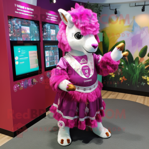Magenta Goat mascot costume character dressed with a Skirt and Coin purses