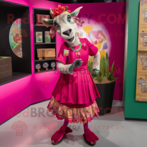 Magenta Goat mascot costume character dressed with a Skirt and Coin purses