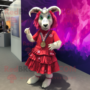 Magenta Goat mascot costume character dressed with a Skirt and Coin purses