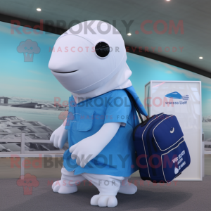 Blue Beluga Whale mascot costume character dressed with a Board Shorts and Messenger bags