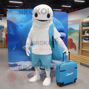 Blue Beluga Whale mascot costume character dressed with a Board Shorts and Messenger bags