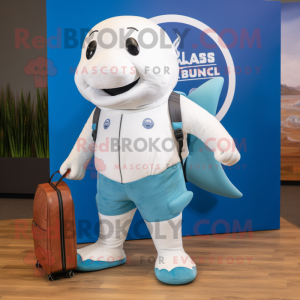 Blue Beluga Whale mascot costume character dressed with a Board Shorts and Messenger bags