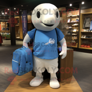 Blue Beluga Whale mascot costume character dressed with a Board Shorts and Messenger bags