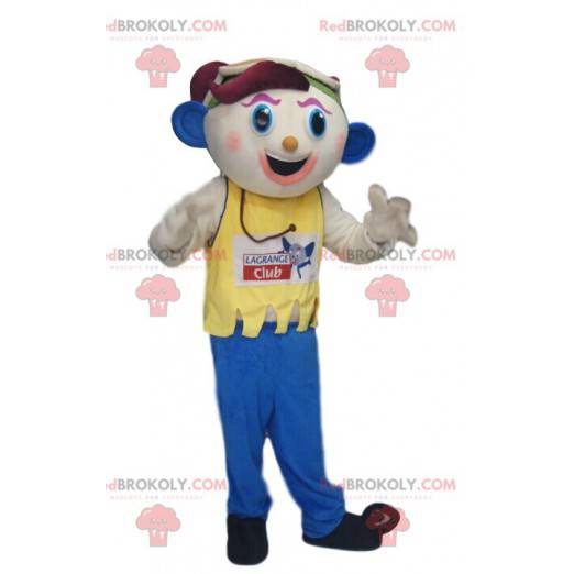 Mascotte de bonhomme rigolo avec des oreilles bleues -