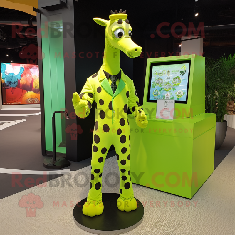 Lime Green Giraffe mascot costume character dressed with a Tuxedo and Anklets Lime Green Giraffe mascot costume character dressed with a Tuxedo and Anklets