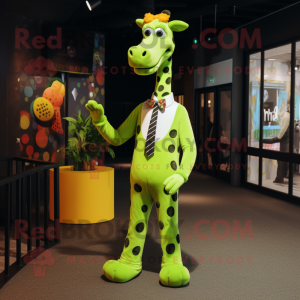 Lime Green Giraffe mascot costume character dressed with a Tuxedo and Anklets