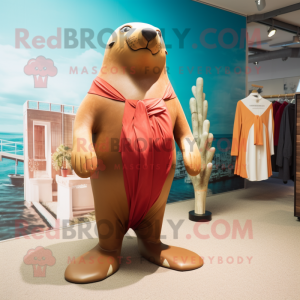 Maroon Sea Lion mascot costume character dressed with a One-Piece Swimsuit and Hairpins