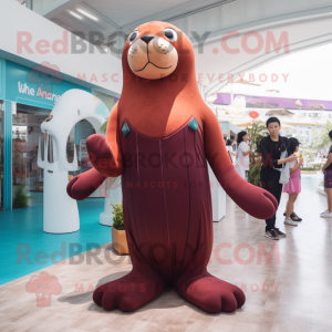 Maroon Sea Lion mascot costume character dressed with a One-Piece Swimsuit and Hairpins