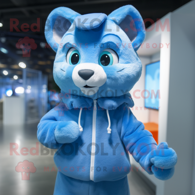 Blue Cat mascot costume character dressed with a Hoodie and Mittens