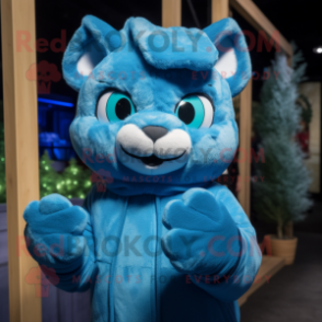 Blue Cat mascot costume character dressed with a Hoodie and Mittens