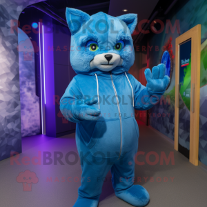 Blue Cat mascot costume character dressed with a Hoodie and Mittens