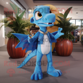 Sky Blue Dimorphodon mascot costume character dressed with a Bootcut Jeans and Keychains