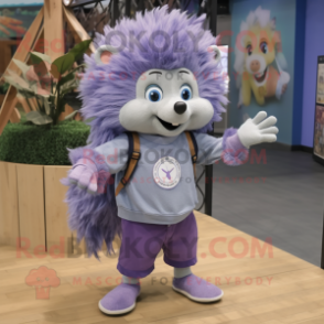 Lavender Hedgehog mascot costume character dressed with a Denim Shorts and Rings