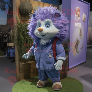 Lavender Hedgehog mascot costume character dressed with a Denim Shorts and Rings