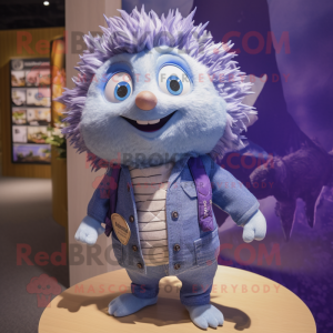 Lavender Hedgehog mascot costume character dressed with a Denim Shorts and Rings