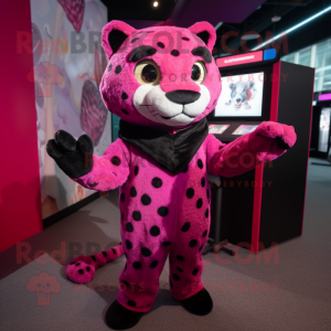 Magenta Leopard mascot costume character dressed with a Tuxedo and Mittens