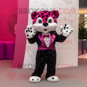 Magenta Leopard mascot costume character dressed with a Tuxedo and Mittens