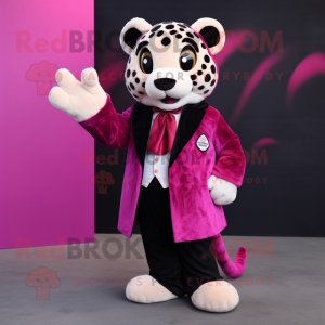 Magenta Leopard mascot costume character dressed with a Tuxedo and Mittens