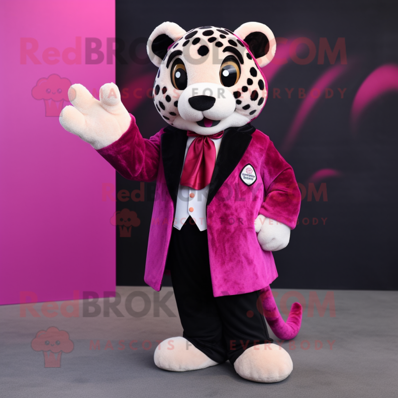 Magenta Leopard mascot costume character dressed with a Tuxedo and Mittens