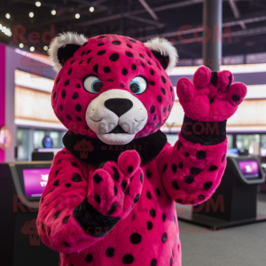 Magenta Leopard mascot costume character dressed with a Tuxedo and Mittens