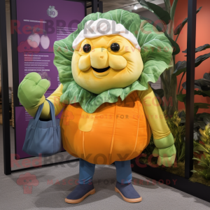 Orange Cabbage mascot costume character dressed with a Jeans and Tote bags