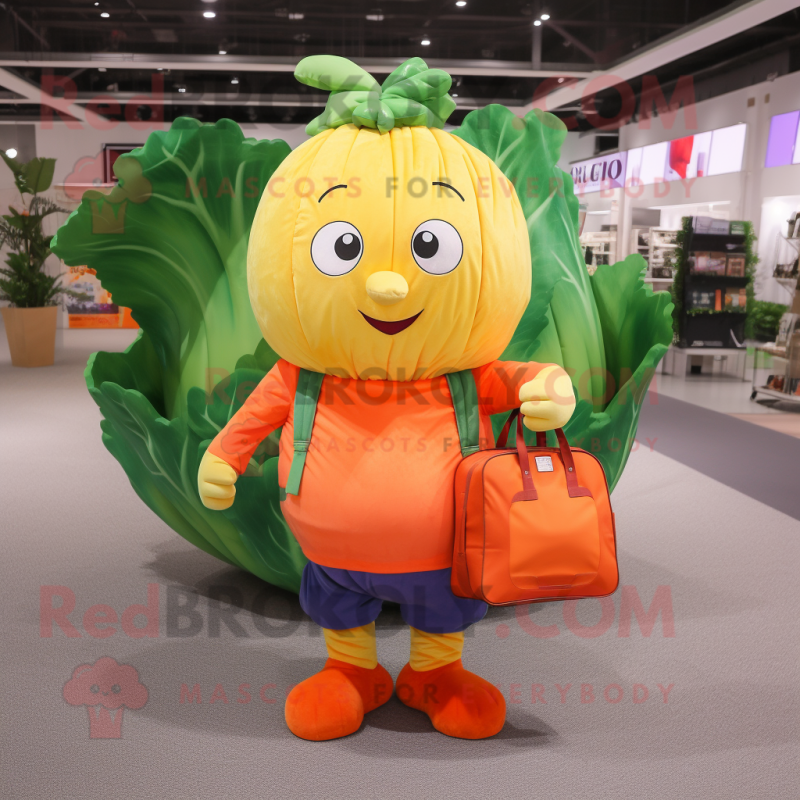 Orange Cabbage mascot costume character dressed with a Jeans and Tote bags Orange Cabbage mascot costume character dressed with a Jeans and Tote bags