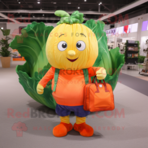 Orange Cabbage mascot costume character dressed with a Jeans and Tote bags