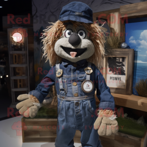 Navy Scarecrow mascot costume character dressed with a Graphic Tee and Belts