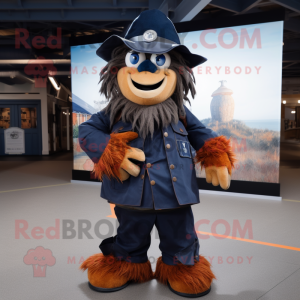 Navy Scarecrow mascot costume character dressed with a Graphic Tee and Belts