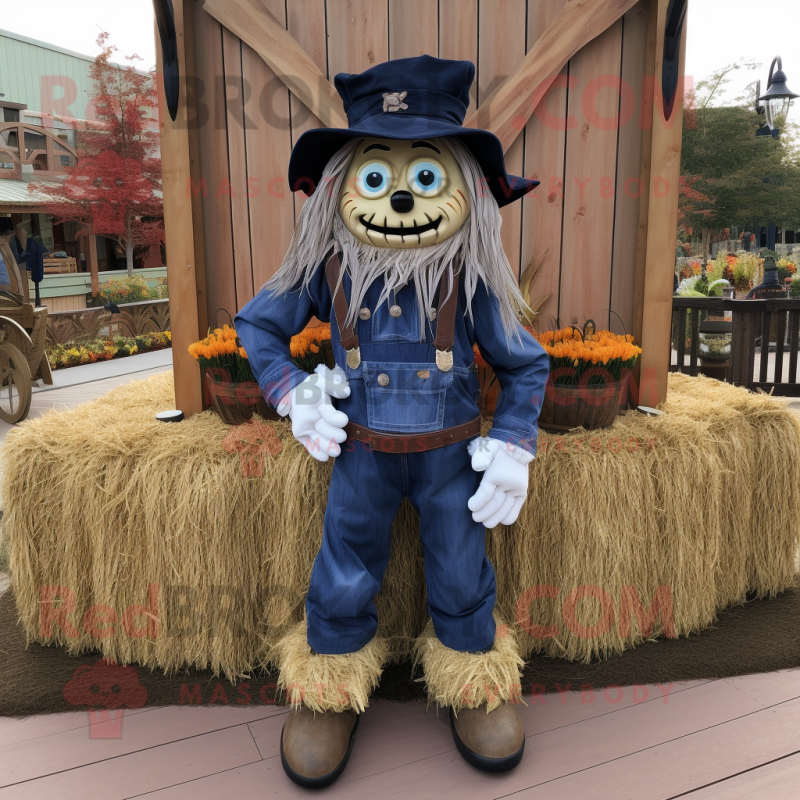 Navy Scarecrow mascot costume character dressed with a Graphic Tee and Belts Navy Scarecrow mascot costume character dressed with a Graphic Tee and Belts