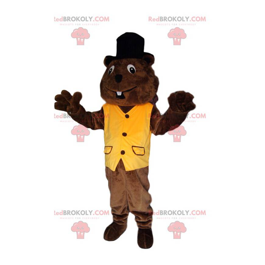 Beaver mascot with a yellow vest and a black hat -