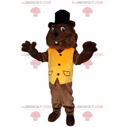 Biber-Maskottchen mit gelber Weste und schwarzem Hut -