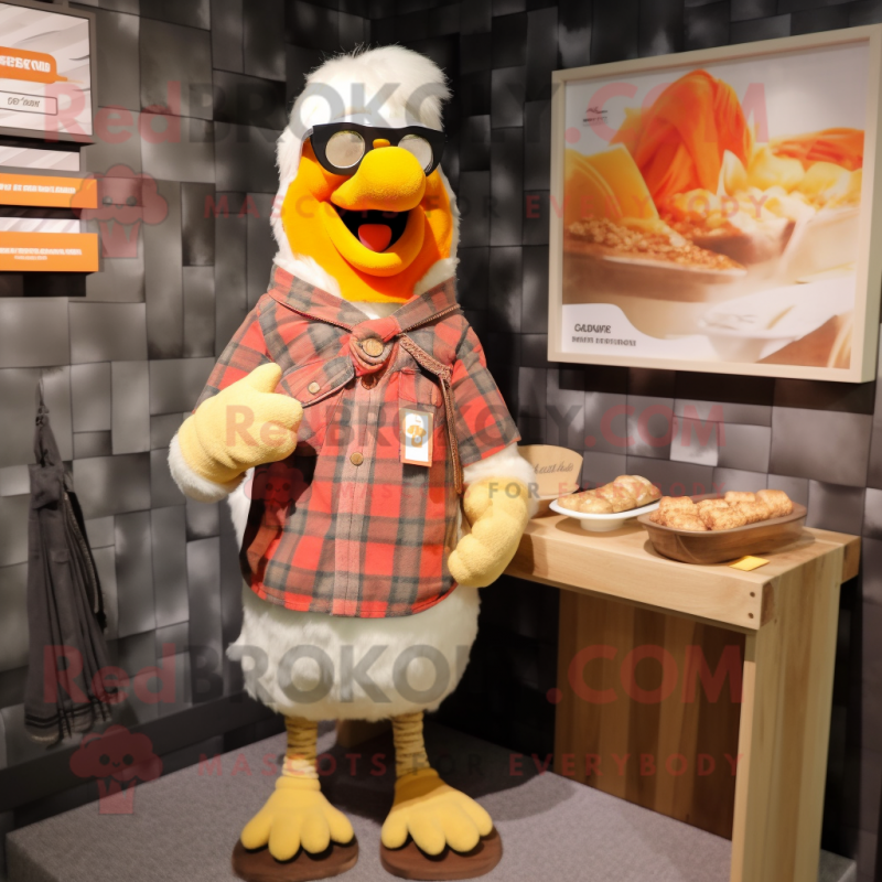 Cream Butter Chicken mascot costume character dressed with a Flannel Shirt and Brooches Cream Butter Chicken mascot costume character dressed with a Flannel Shirt and Brooches