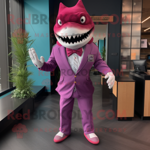 Magenta Megalodon mascot costume character dressed with a Suit Pants and Headbands