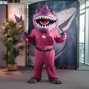 Magenta Megalodon mascot costume character dressed with a Suit Pants and Headbands