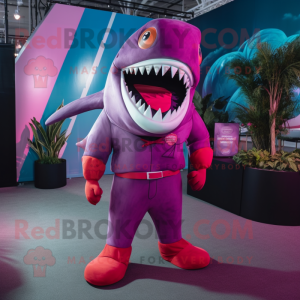 Magenta Megalodon mascot costume character dressed with a Suit Pants and Headbands