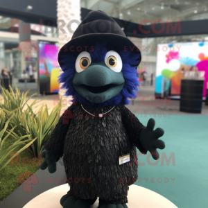 Black Betta Fish mascot costume character dressed with a Cardigan and Berets