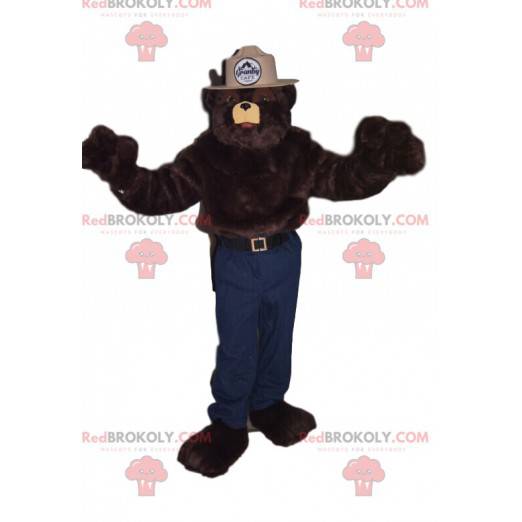 Mascote urso pardo com chapéu de xerife bege - Redbrokoly.com