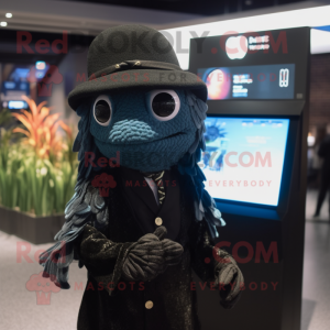 Black Betta Fish mascot costume character dressed with a Cardigan and Berets
