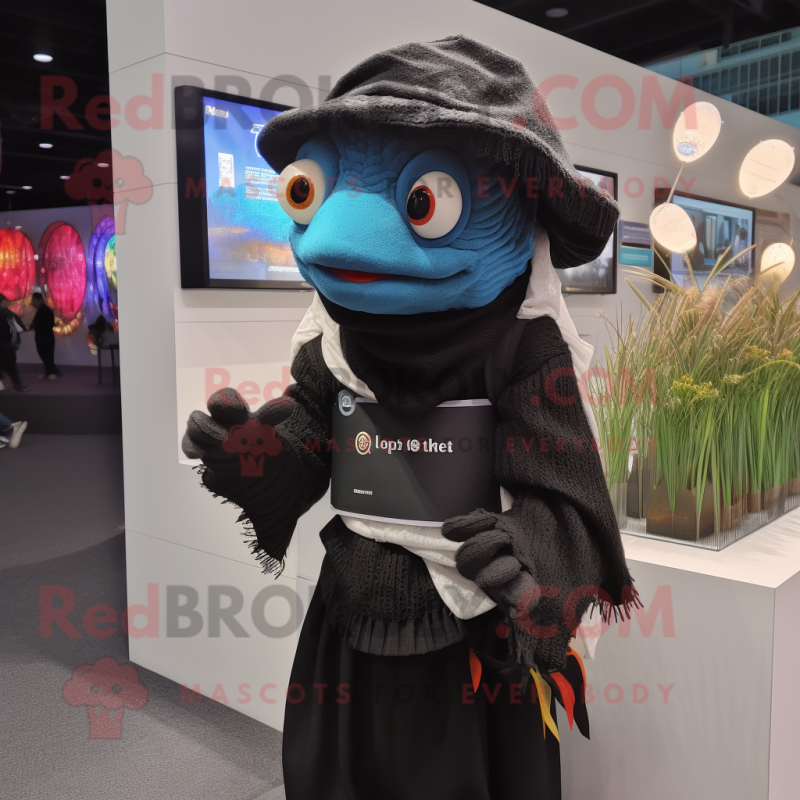 Black Betta Fish mascot costume character dressed with a Cardigan and Berets