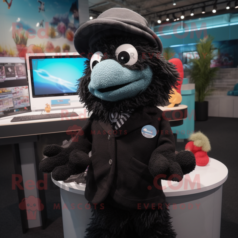 Black Betta Fish mascot costume character dressed with a Cardigan and Berets