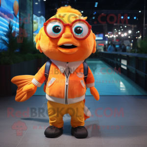 Orange Goldfish mascot costume character dressed with a Vest and Eyeglasses