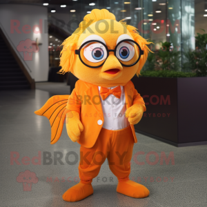 Orange Goldfish mascot costume character dressed with a Vest and Eyeglasses