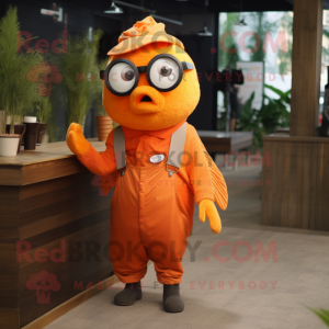 Orange Goldfish mascot costume character dressed with a Vest and Eyeglasses