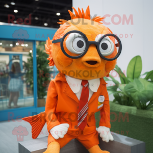 Orange Goldfish mascot costume character dressed with a Vest and Eyeglasses