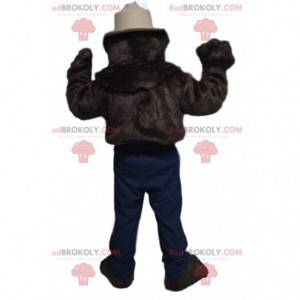 Mascota del oso pardo con un sombrero de sheriff beige -