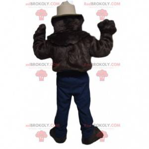 Maskotka niedźwiedź brunatny z beżowym kapeluszem szeryfa -