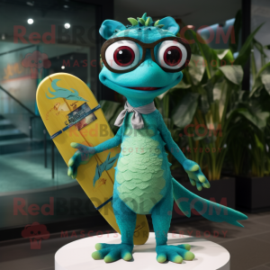 Teal Geckos mascot costume character dressed with a Board Shorts and Eyeglasses